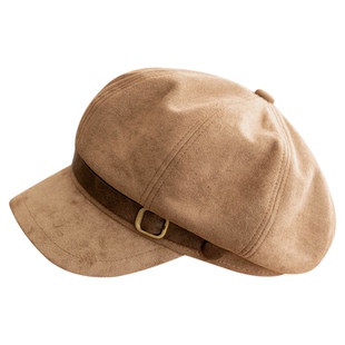 秋季复古咖啡色八角帽女高品质麂皮绒贝雷帽时髦宽檐皮带报童帽子
