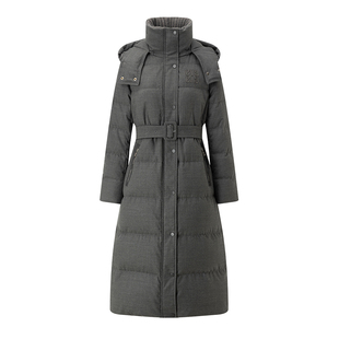 EVAOUXIU冬季新款女人味羊毛高领修身显瘦收腰连帽过膝长款羽绒服