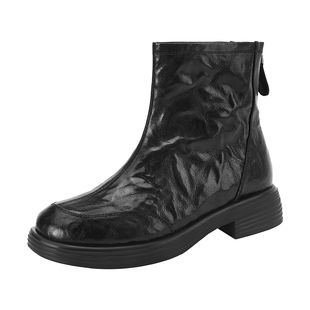 星期六3CM黑色真皮靴子百搭显瘦加绒切尔西短靴女秋冬厚底时装靴