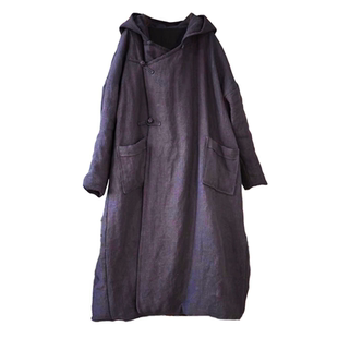 加厚砂洗纯亚麻夹棉连帽盘扣棉袍 复古文艺棉服连衣裙宽松棉袍子