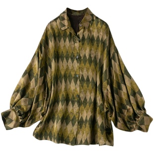 高阶轻国风！花罗香云纱真丝小方领宽松大码落肩灯笼袖衬衫上衣女