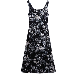 LaviniaClub新中式国风印花连衣裙女春新款一字领黑花无袖吊带裙