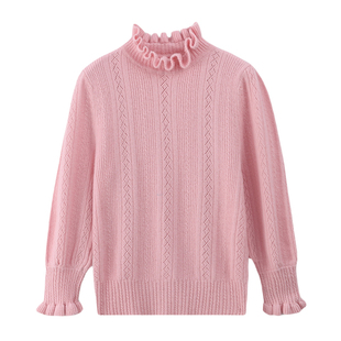 儿童木耳花边领100%纯羊毛衫女童针织毛线衣秋冬镂空软糯羊绒毛衣