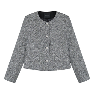 Maven Lin高贵银灰 精致小香风圆领外套女气质肌理感短款开衫上衣