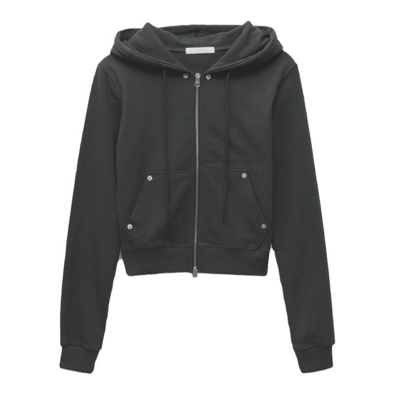 eihey诶嘿秋冬修身显瘦简约设计感开衫双拉链连帽卫衣短款上衣女