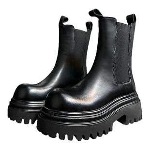 欧货真皮松糕厚底切尔西短靴女英伦风烟筒机车靴小个子增高马丁靴