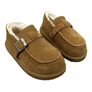 乐魔欧洲站欧货真皮女鞋2025冬季新款平跟圆头加绒羊毛保暖乐福鞋