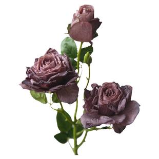 欧式油画玫瑰花仿真花焦边月季干花客厅假花摆件复古餐桌插花装饰