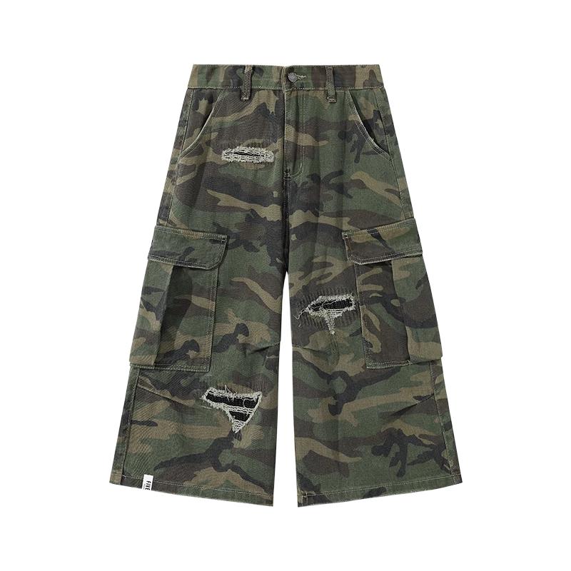 it :5cm/FIVECM美式军绿色迷彩破洞七分工装阔腿裤男女款2025夏季