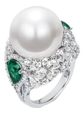 复古祖母绿珍珠戒指冷淡风食指戒