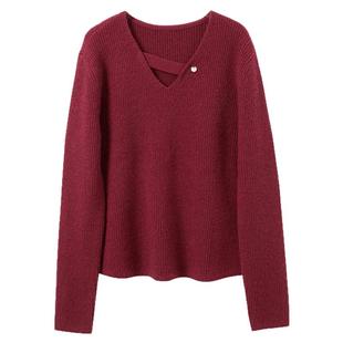 三彩2025冬季新款设计感V领针织衫亮丝毛衫套头宽松落肩休闲M