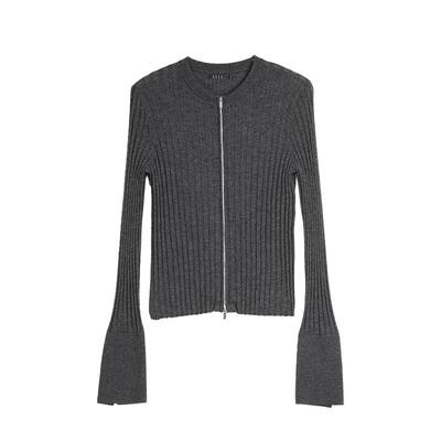 ELLE深灰色绵羊毛修身针织开衫