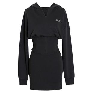 现货甜酷少女辣妹卫衣连衣裙女修身2025秋冬新款设计感烟灰色短裙