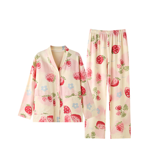 造福鸟睡衣女士绝美春秋抑菌带胸垫长袖草莓甜美可外穿家居服套装