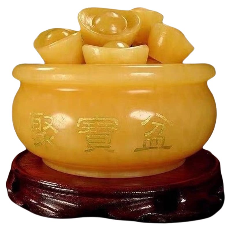 天然黄玉聚宝盆摆件招财聚财客厅玄关办公室商铺财位玉石装饰摆设