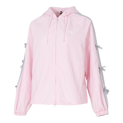 阿迪达斯粉色外套女春季新款舞动蝴蝶结运动服连帽休闲夹克KR7603