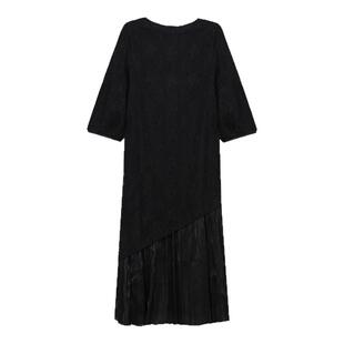 柒院家微胖大码女拼接网纱七分袖连衣裙2025秋宽松遮肉显瘦中长裙