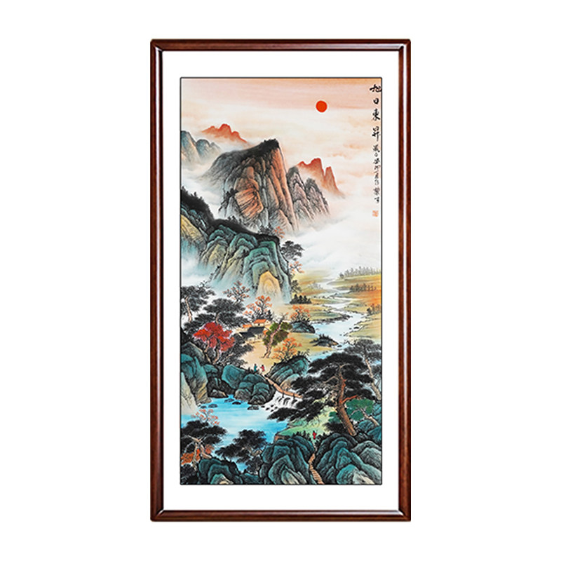 入户玄关挂画旭日东升山水画名家手绘竖版走廊靠山招财办公室字画