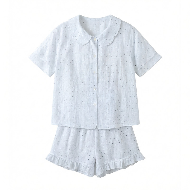 波点短袖短裤睡衣套装开衫家居服