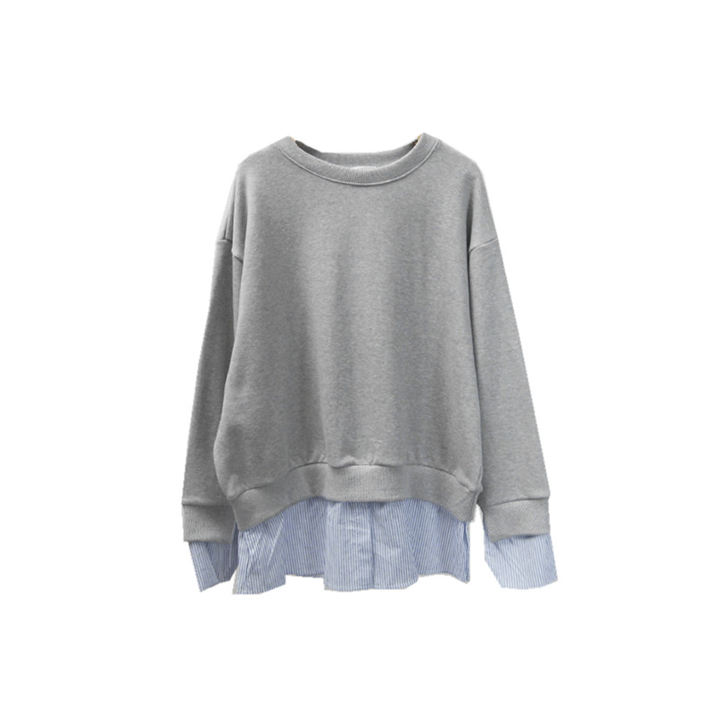T148韩国女装代新品2026假两件条纹拼接春秋套头长袖毛圈女卫衣