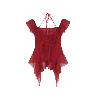 安妮不火一字领荷叶边雪纺上衣女2025夏季新款微胖大码波点雪纺衫