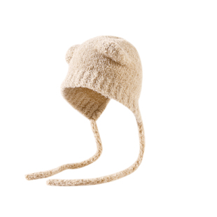 可爱小熊毛绒帽子女冬季保暖显脸小针织毛线帽大头围护耳包头帽潮