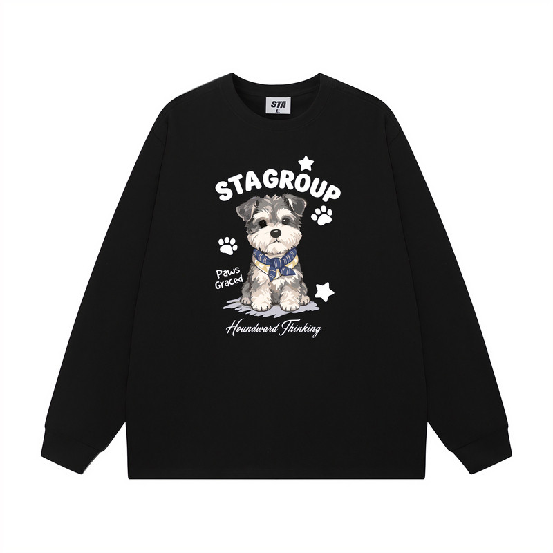 STA旗舰店美式趣味小狗印花长袖男女秋季新款纯棉黑色情侣卫衣
