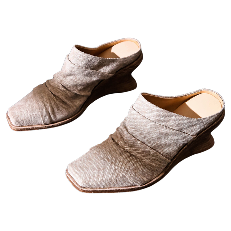 「曼晨·托斯卡纳云履」 风吟水洗布包头拖方头｜7.5cm厚底真皮底