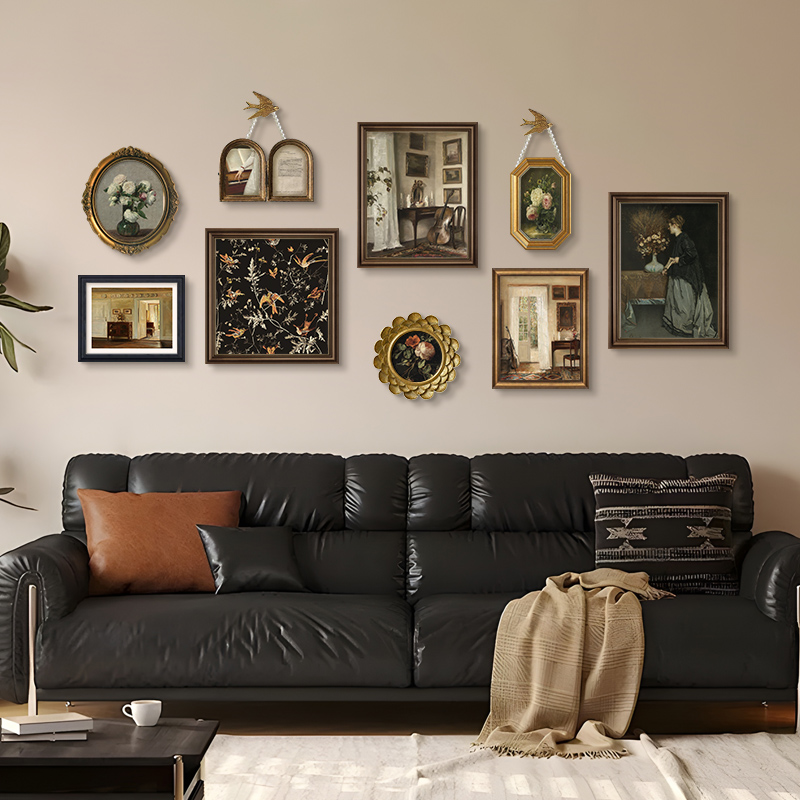 法式中古客厅挂画美式复古沙发背景墙装饰画小众艺术组合卧室壁画