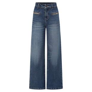 SHRO ENRO2025秋季新款LOGO金属袋链装饰宽松百搭纯棉牛仔长裤女