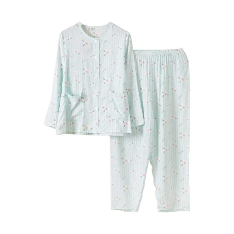 女中老年春夏季妈妈圆领开衫棉绸薄款睡衣长袖长裤家居服