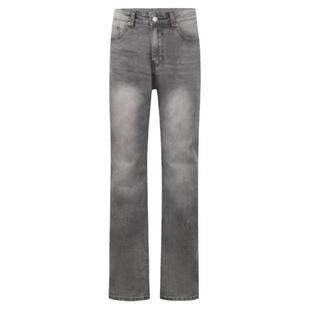 HY711雾霾烟灰色cleanfit做旧洗水显瘦修身百搭直筒微喇牛仔裤男