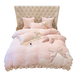 少女心蝴蝶结韩式冬季牛奶绒四件套加厚保暖珊瑚绒加绒被套公主