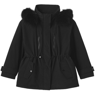 热风女士派克羽绒服2025年冬季新款时尚大毛领抽绳显瘦黑色羽绒服