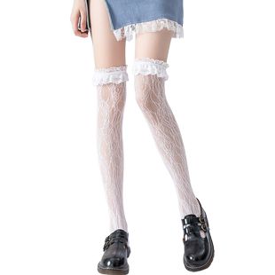 春夏季洛丽塔玫瑰花多蕾丝花边长筒过膝袜子女白色丝袜可爱lolita
