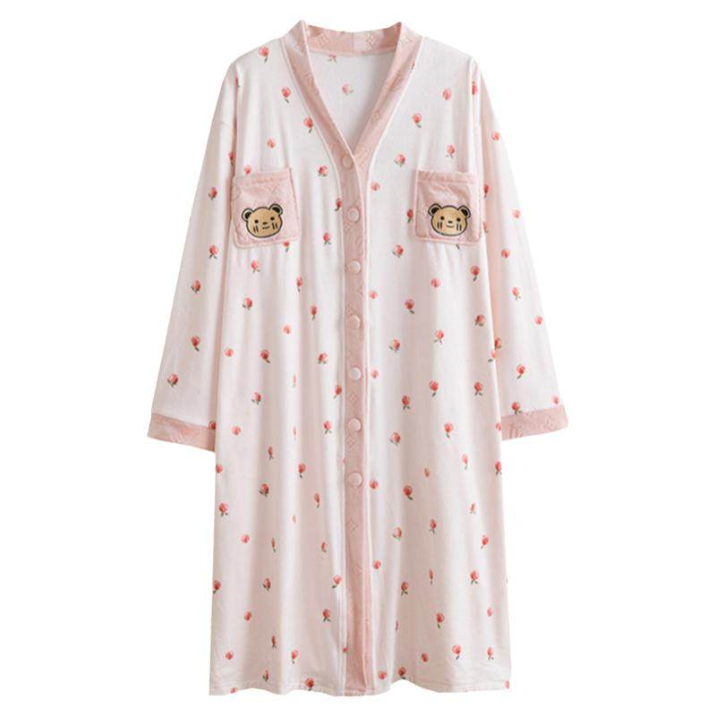 日系开衫海岛绒V领大码睡衣女200斤秋冬双面绒胖mm睡裙甜美家居服