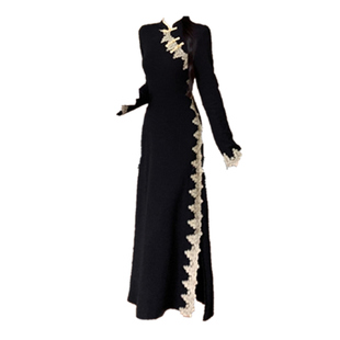 大码胖mm松烟入墨新中式国风盘扣金边收腰连衣裙女春改良旗袍裙子