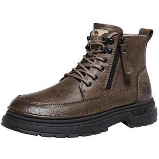 骆驼男鞋2025秋季新款真皮厚底工装靴加绒复古英伦风高帮马丁靴男