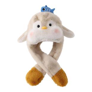 儿童耳朵会动可爱企鹅毛绒帽子围巾一体加厚保暖防寒骑车护耳帽女