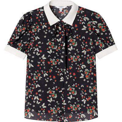 lkbennett黑色印花上衣2025年夏新款撞色领桑蚕丝法式优雅衬衫