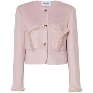 【商场同款】秋冬季粉色法式小香风水貂毛镶边毛呢外套女短款