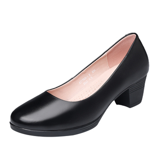 老人头女单鞋2026春季新款中跟粗跟真皮透气职业工作鞋软底妈妈鞋