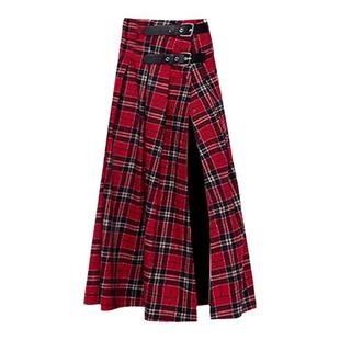 圣诞辣妹高开叉围裙'bì入 复古红格纹半身裙高腰开叉a字中长裙女