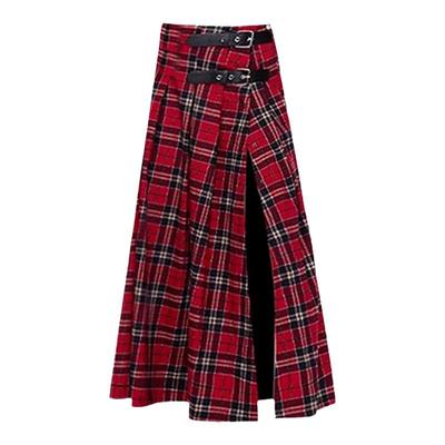 红格纹半身裙高开叉a字中长裙