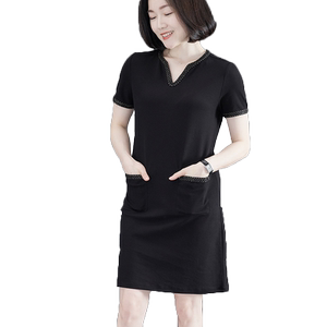 简约休闲V领撞色织带宽松短袖连衣裙女衣外穿妈妈装2024夏季新款
