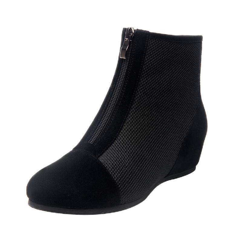 坡跟透气网布女鞋真皮2026春夏新款休闲平底内增高中跟大码单鞋女