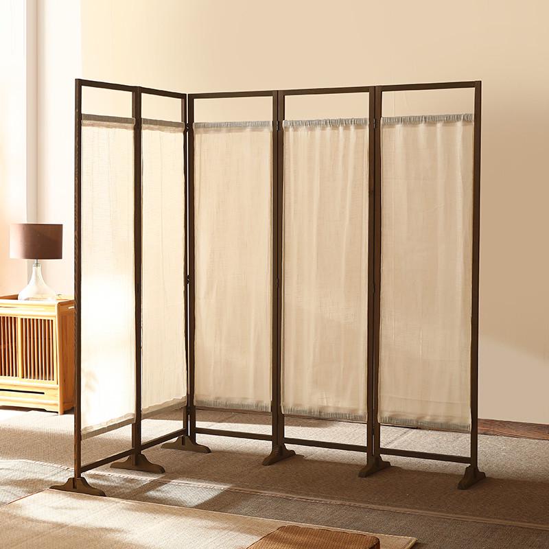 中式实木亚麻屏风入户隔断客厅摆件遮挡做旧复古简约民俗布艺折屏