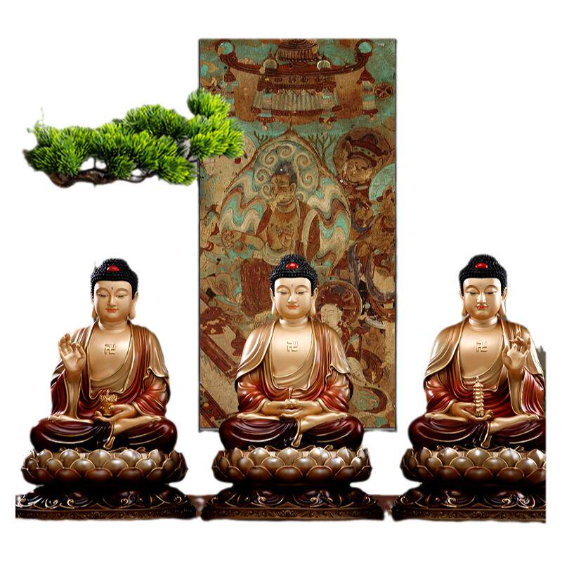 纯铜彩绘三宝佛像一套客厅摆件