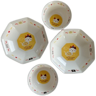 集瓷 日单hapin福库福库陶瓷餐具套装 浮雕猫咪米饭碗 八角深盘