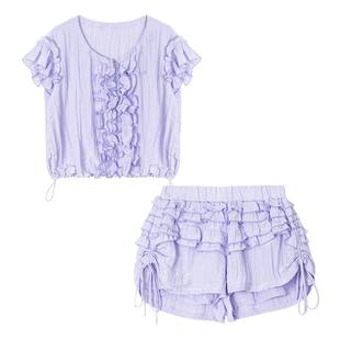 KEIKO轻薄凉感夏日爆款套装少女风紫色木耳花边衬衫+短裤两件套装